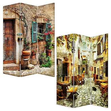72 Inch 3 Panel Canvas Room Divider, Streets, Flowers, Plants, Multicolor