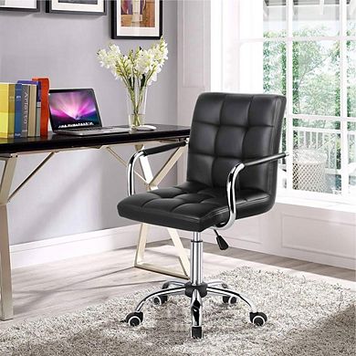 Modern Mid-back Black Faux Leather Office Chair With Removable Arms
