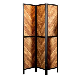 70 Inch Modern 3 Panel Folding Room Divider, Herringbone Pattern, Brown