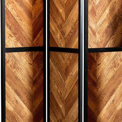 70 Inch Modern 3 Panel Folding Room Divider, Herringbone Pattern, Brown