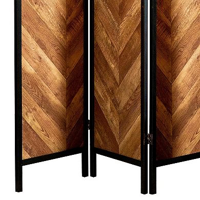 70 Inch Modern 3 Panel Folding Room Divider, Herringbone Pattern, Brown