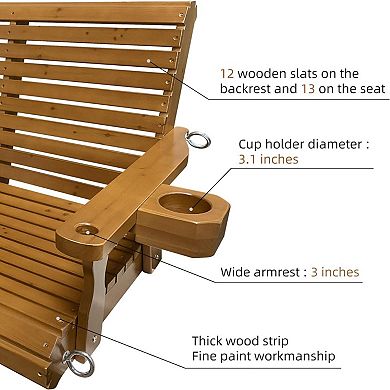 Wooden Porch Swing 3-seater, Bench Swing With Cupholders, Hanging Chains And 7mm Springs