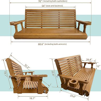 Wooden Porch Swing 3-seater, Bench Swing With Cupholders, Hanging Chains And 7mm Springs