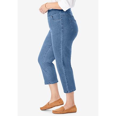 Woman Within Plus Size Pull-On Flex Elastic-Waist Stretch Denim Capri Jeans