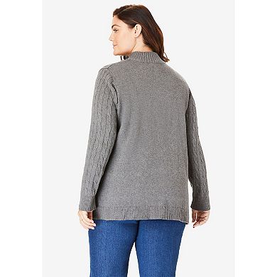 Woman Within Plus Size Cable Knit Half-Zip Pullover Sweater