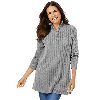 Woman Within Plus Size Cable Knit Half-Zip Pullover Sweater