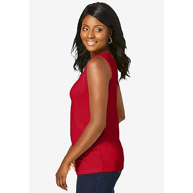 Jessica London Women's Plus Size Stretch Cotton Horseshoe Neck Tank