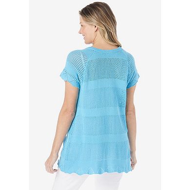 Woman Within Women's Plus Size Tie-Neck Pointelle Cardigan Sweater