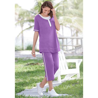 Woman Within Women's Plus Size Contrast Stripe Capri Set
