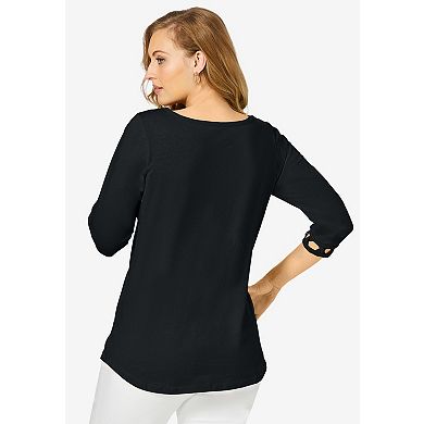 Jessica London Women's Plus Size Stretch Cotton Lattice Boatneck Tunic
