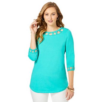 Jessica London Women's Plus Size Stretch Cotton Lattice Boatneck Tunic