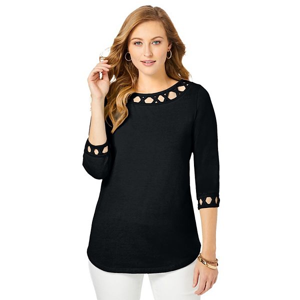 Jessica London Women's Plus Size Stretch Cotton Lattice Boatneck Tunic