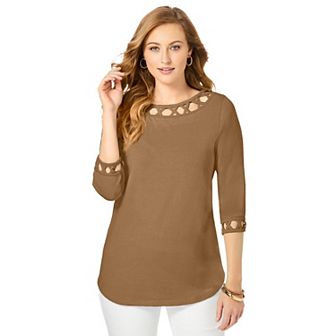 Jessica London Women's Plus Size Stretch Cotton Lattice Boatneck Tunic