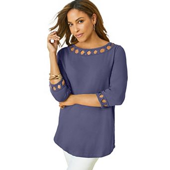 Jessica London Women's Plus Size Stretch Cotton Lattice Boatneck Tunic