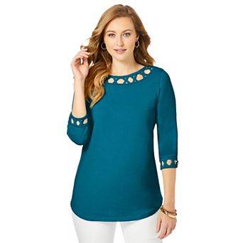 Jessica London Women's Plus Size Stretch Cotton Lattice Boatneck Tunic