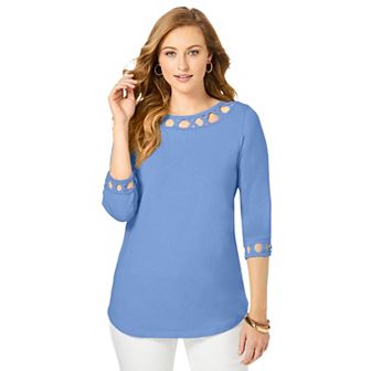 Jessica London Women's Plus Size Stretch Cotton Lattice Boatneck Tunic