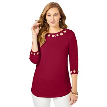 Jessica London Women's Plus Size Stretch Cotton Lattice Boatneck Tunic