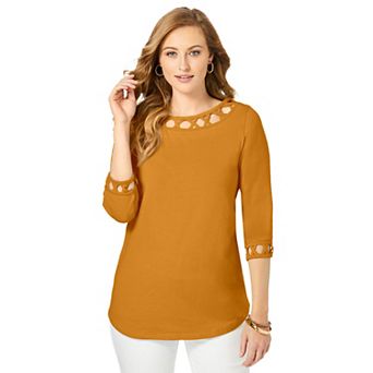 Jessica London Women's Plus Size Stretch Cotton Lattice Boatneck Tunic