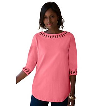 Jessica London Women's Plus Size Stretch Cotton Lattice Boatneck Tunic