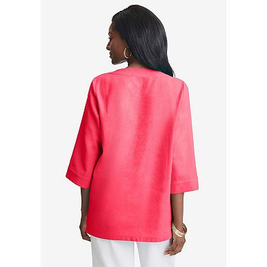 Jessica London Women's Plus Size Linen V-neck Embroidered Tunic