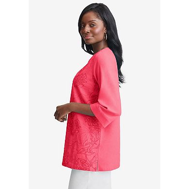 Jessica London Women's Plus Size Linen V-Neck Embroidered Tunic