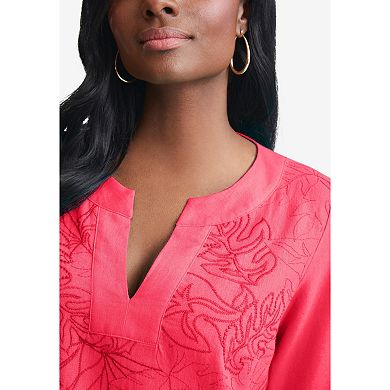Jessica London Women's Plus Size Linen V-Neck Embroidered Tunic