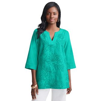 Jessica London Women's Plus Size Linen V-neck Embroidered Tunic