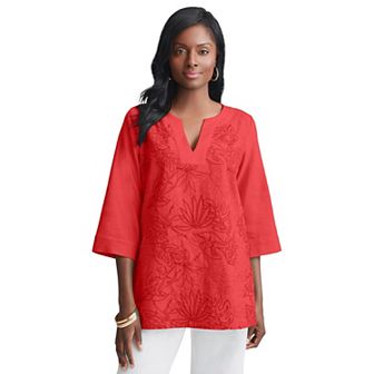 Jessica London Women's Plus Size Linen V-neck Embroidered Tunic
