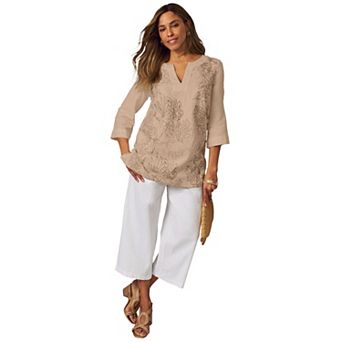 Jessica London Women's Plus Size Linen V-Neck Embroidered Tunic