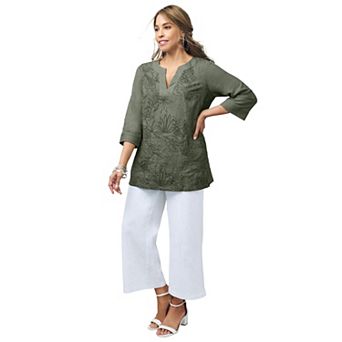 Jessica London Women's Plus Size Linen V-Neck Embroidered Tunic