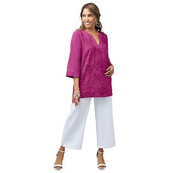 Jessica London Women's Plus Size Linen V-Neck Embroidered Tunic