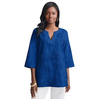 Jessica London Women's Plus Size Linen V-neck Embroidered Tunic