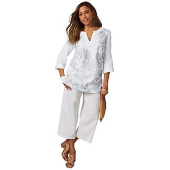Jessica London Women's Plus Size Linen V-Neck Embroidered Tunic