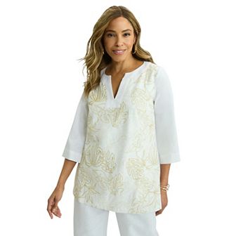 Jessica London Women's Plus Size Linen V-neck Embroidered Tunic