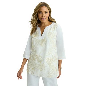 Jessica London Women's Plus Size Linen V-Neck Embroidered Tunic
