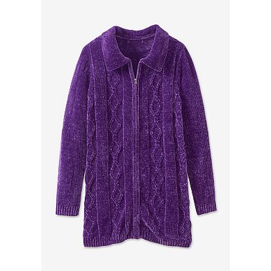 Woman Within Women's Plus Size Chenille Zip Cable Cardigan