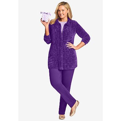 Woman Within Plus Size Chenille Zip Cable Cardigan Sweater