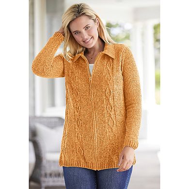 Woman Within Plus Size Chenille Zip Cable Cardigan Sweater