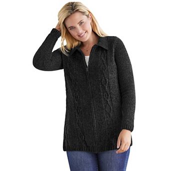 Woman Within Plus Size Chenille Zip Cable Cardigan