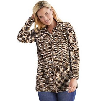 Woman Within Plus Size Chenille Zip Cable Cardigan