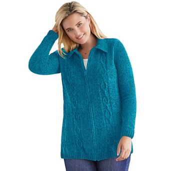 Woman Within Plus Size Chenille Zip Cable Cardigan