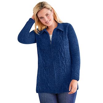 Woman Within Plus Size Chenille Zip Cable Cardigan