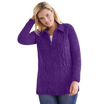 Woman Within Plus Size Chenille Zip Cable Cardigan