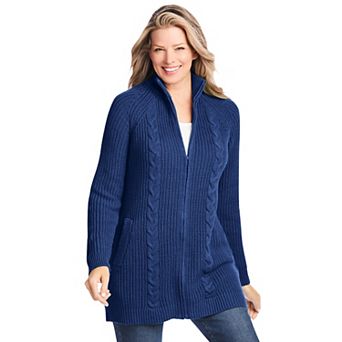 Woman Within Plus Size Cabled Zip-Front Cardigan