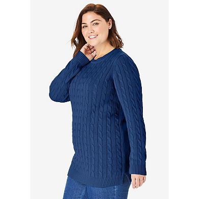 Woman Within Plus Size Cable Knit Pullover Crewneck Sweater