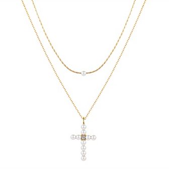Gratitude & Grace Simulated Pearl & Cubic Zirconia Cross Layered Pendant Necklace