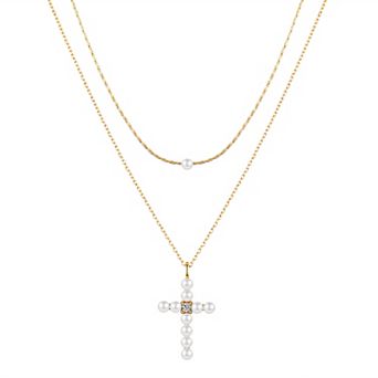 Gratitude & Grace Simulated Pearl & Cubic Zirconia Cross Layered Pendant Necklace
