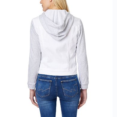 Juniors' Wallflower Dreamer Knit-Sleeve Hooded Jean Jacket
