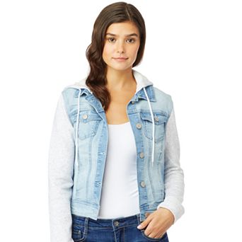 Juniors' Wallflower Dreamer Knit-Sleeve Hooded Jean Jacket