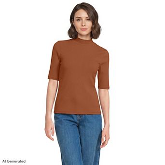 Women's Lands' End Elbow Sleeve Polished Rib Mockneck Top